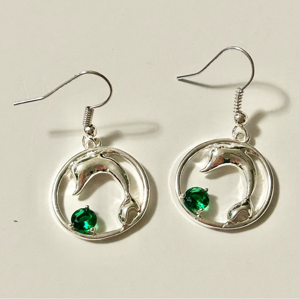 Elegant Silver Dolphin Earrings with Green Gem